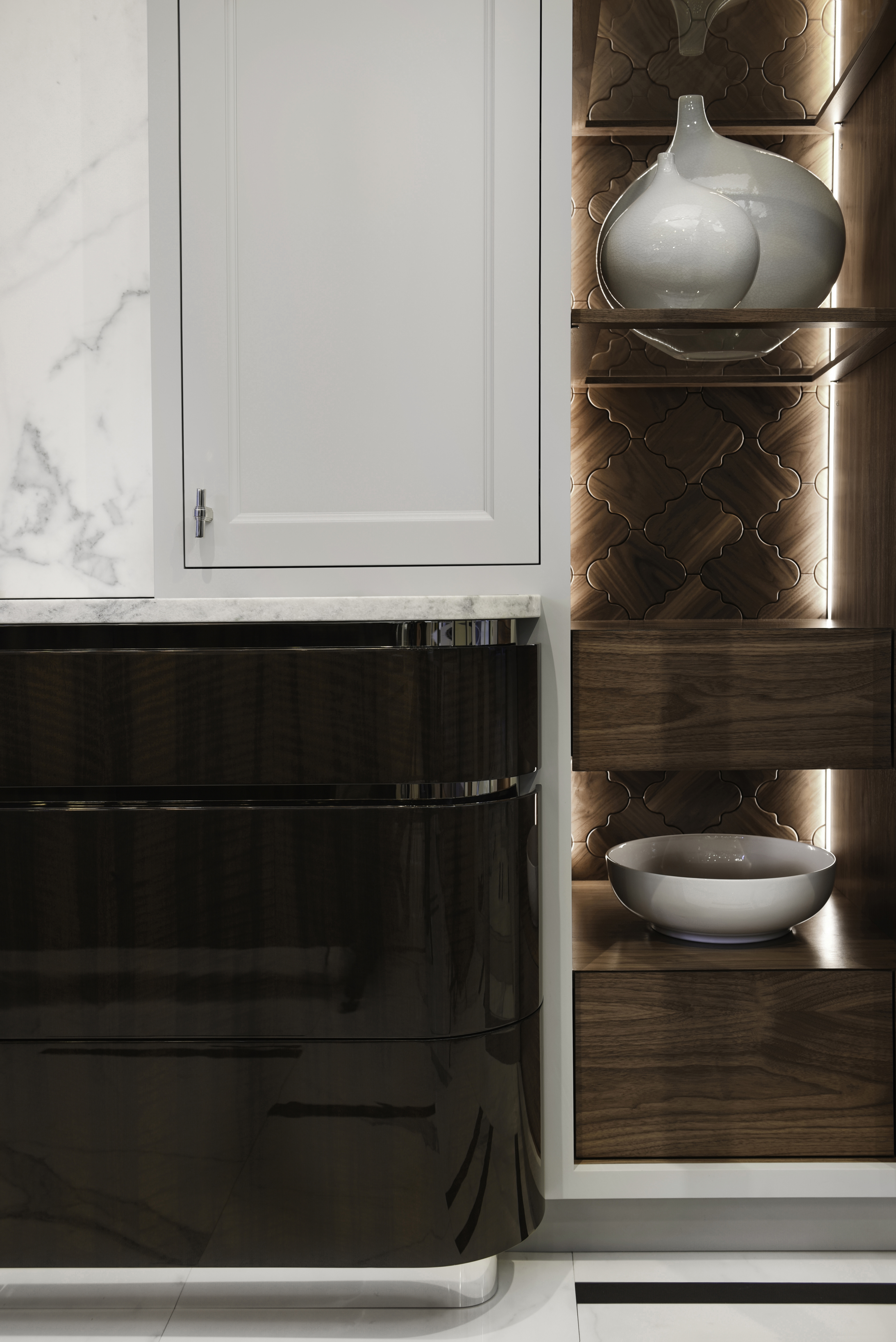 The juxtaposition of all the materials used in the kitchen emphasizes Dark Pearl's beauty, originality and uniqueness.