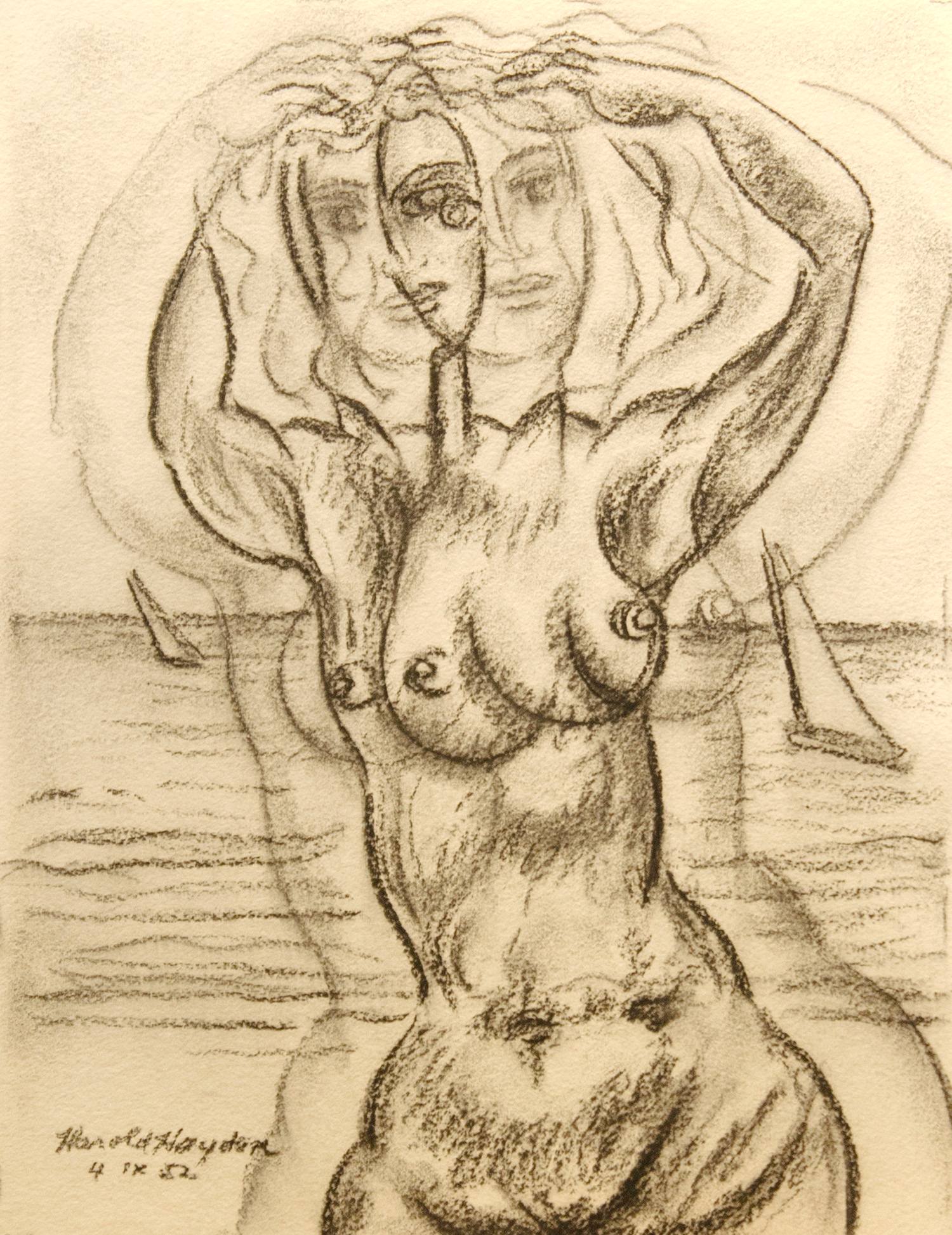 Harold Haydon (Am. 1909-1994)
Figure Study (Standing Nude- Bather)
Charcoal on paper, 1952
22 1/2” x 15 1/2”  (Framed: 29” x 25”)
Signed, dated Harold Haydon, 4-1X-52 lower left
