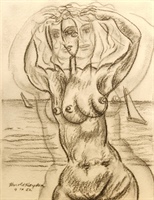 Harold Haydon (Am. 1909-1994)
Figure Study (Standing Nude- Bather)
Charcoal on paper, 1952
22 1/2” x 15 1/2”  (Framed: 29” x 25”)
Signed, dated Harold Haydon, 4-1X-52 lower left