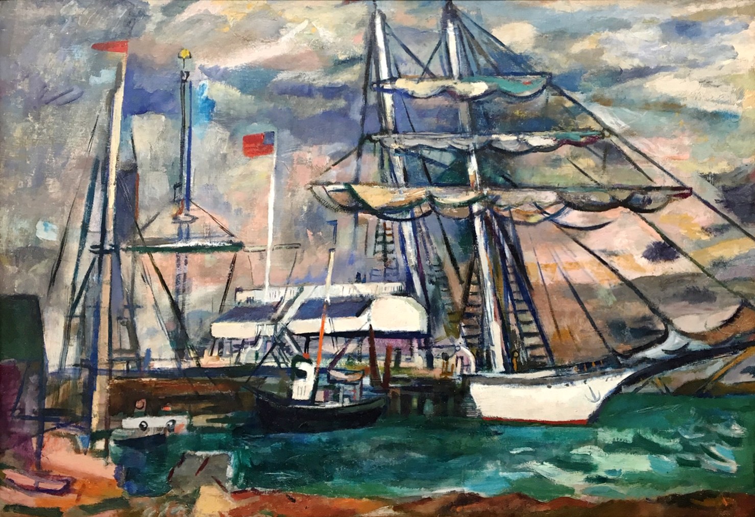 Francis Chapin (Am. 1899-1965)
Ships in Harbor (Martha’s Vineyard)
Oil on canvas, ca. 1950s
27 1/2” x 39”  (Framed: 33” x 46”)
Estate stamped on reverse
