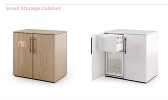 Small storage cabinet can securely fit MilkMate kits so that pumping moms can easily access their single-use parts. *Optional Refrigeration MilkMate offers the option to include a mini fridge within the storage cabinet to ensure the breast milk can be stored at the optimal temperature throughout the day.