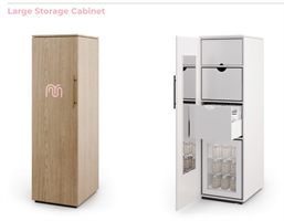 Large storage cabinet can securely fit MilkMate kits so that pumping moms can easily access their single-use parts. *Optional Refrigeration MilkMate offers the option to include a mini fridge within the storage cabinet to ensure the breast milk can be stored at the optimal temperature throughout the day.